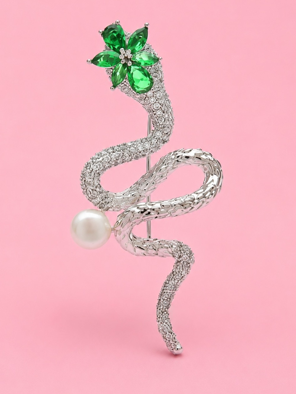 Serpenti Snake Emerald Floral Green Crystal Silver Brooch
